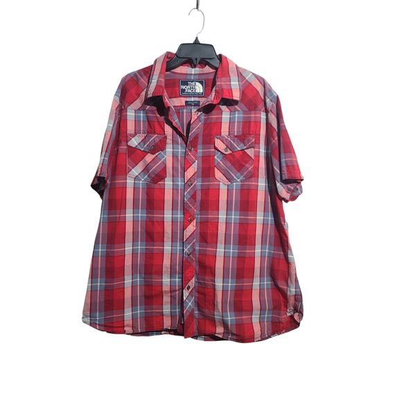 North Face Red Blue Plaid Button Short Sleeve Shirt Size XXL - Picture 1 of 5